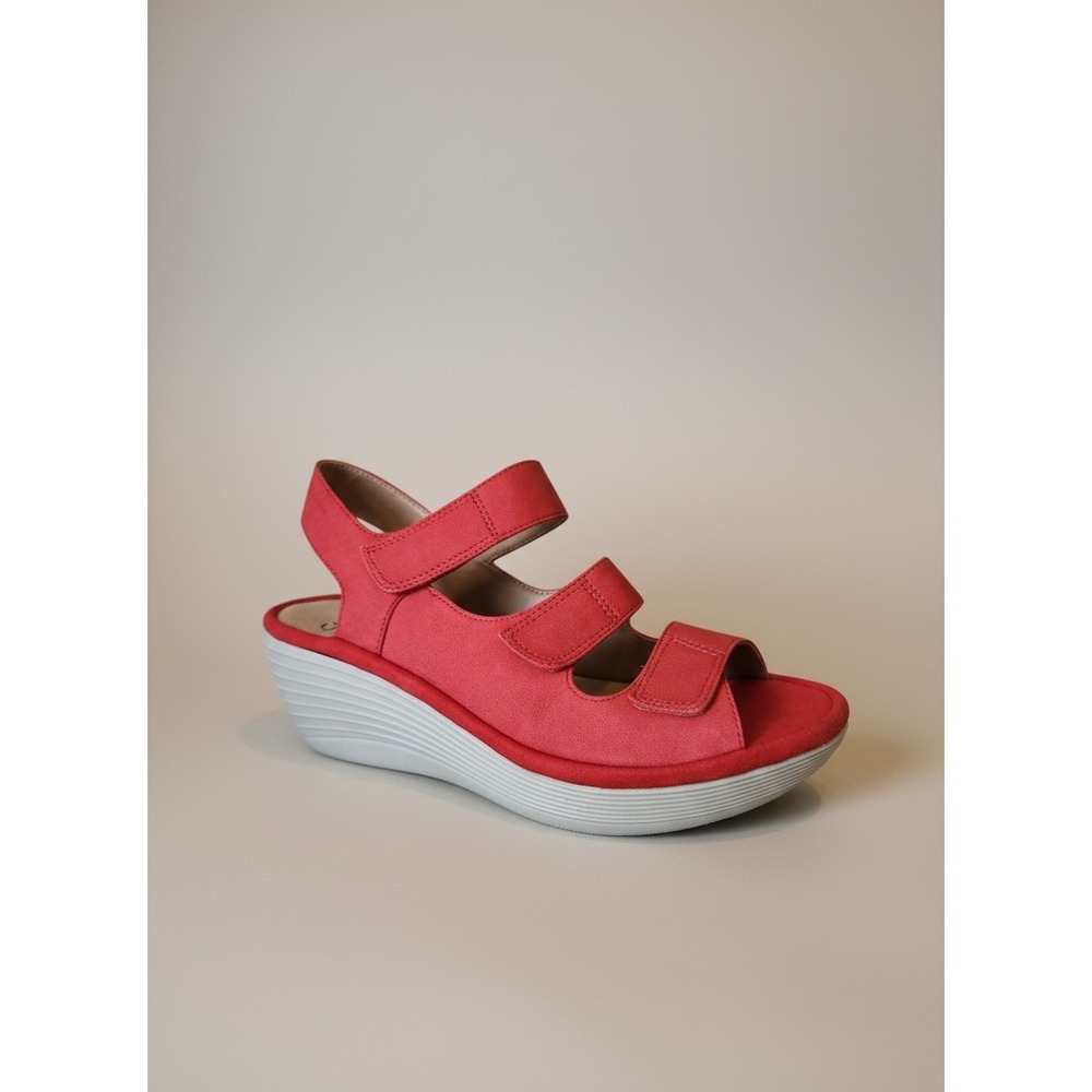 Clarks Reedly Juno Red Wedge Sandals Womens 7.5 Slingback Nubuck Leather Comfort
